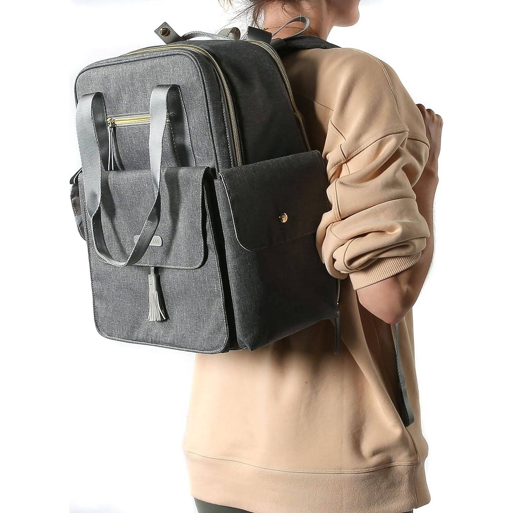 Dabney Lee Expandable Backpack Diaper Bag Grey Bunny Print Change Mat NWT - Picture 4 of 16